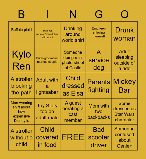 Epcot/Hollywood Studiod Bingo Card