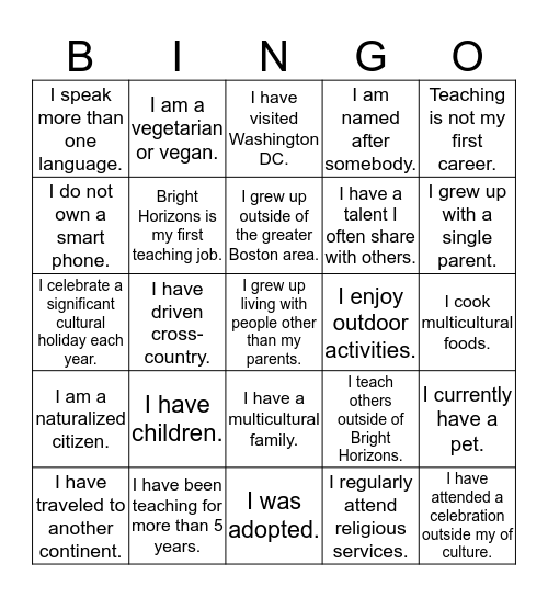 Diversity BINGO Card