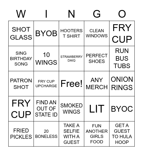 HOOTERS WINGO Bingo Card