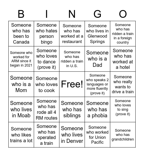 Rocky Mountaineer Bingo Card