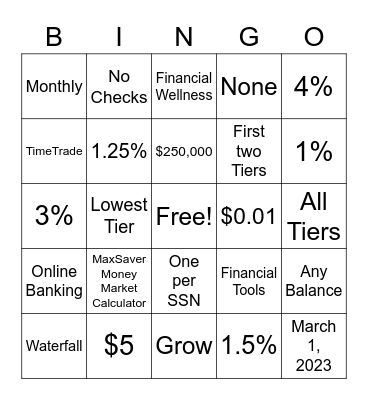 MaxSaver Money Market Bingo Card