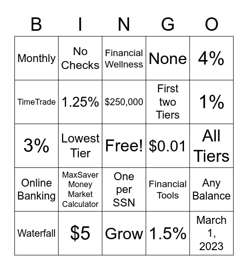 MaxSaver Money Market Bingo Card