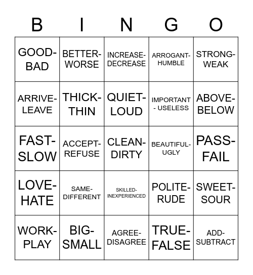 OPPOSITES Bingo Card