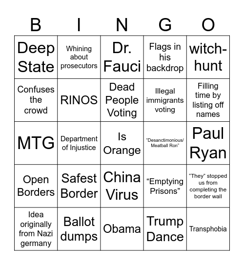 Trump Speech Bingo 2023 Bingo Card