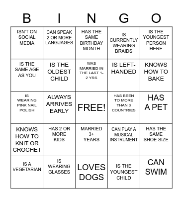 GETTING TO KNOW YOU Bingo Card