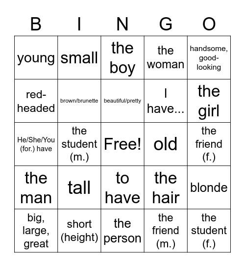 Unit 1/Lesson 2 - Bingo English Bingo Card