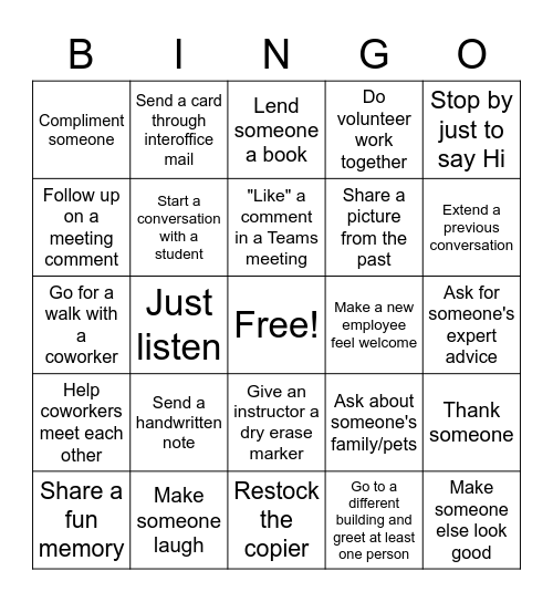 Project Positivity Create Connections Bingo Card