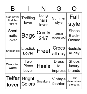 Fashion Bingo Card