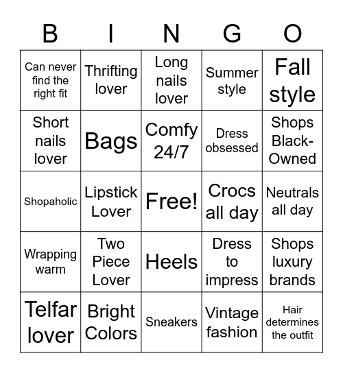 Fashion Bingo Card