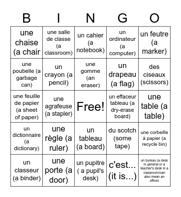 French Classroom Objects Bingo Card