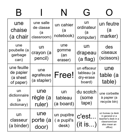 French Classroom Objects Bingo Card