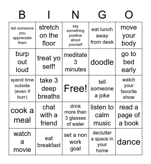 Self Care Bingo Card