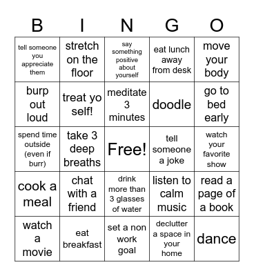Self Care Bingo Card