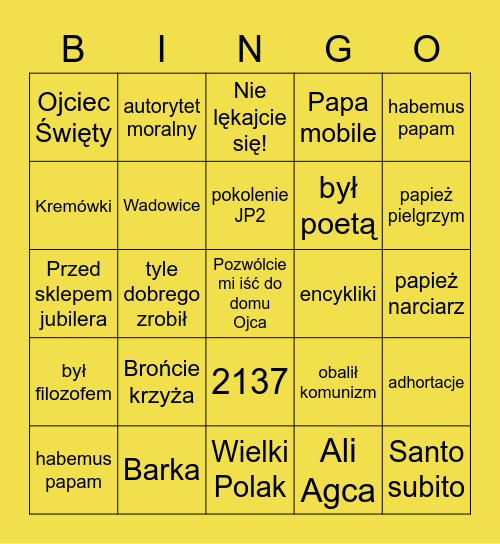 Papieskie Bingo Card