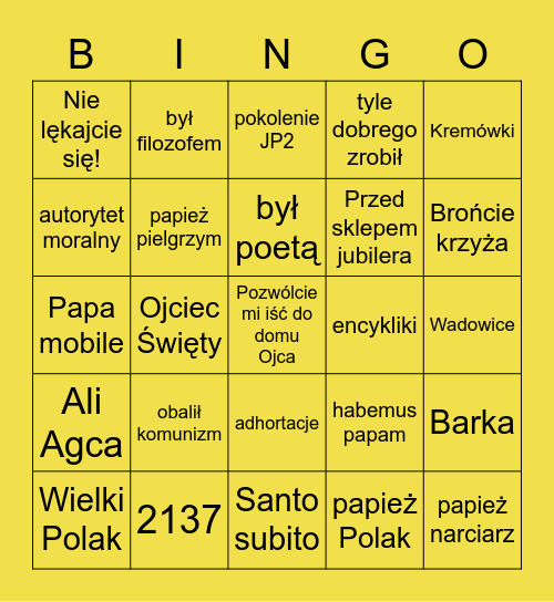 Papieskie Bingo Card