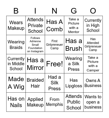 Girlpreneuer Camp Bingo Card