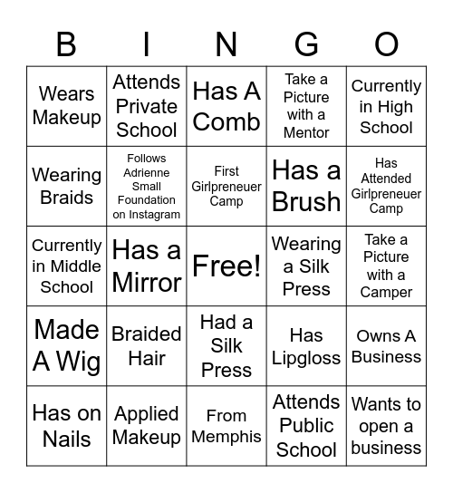 Girlpreneuer Camp Bingo Card