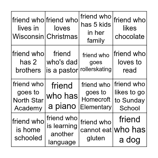 Find a Friend! Bingo Card