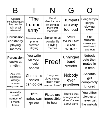 High School Band Bingo Card