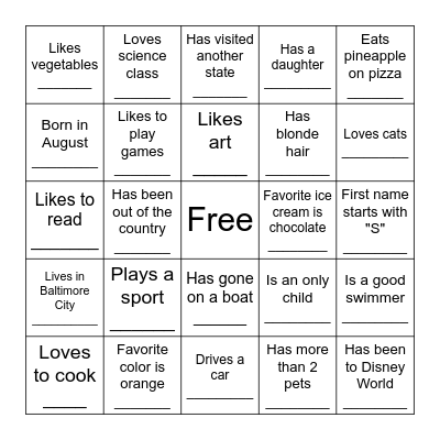 Find a Friend Bingo Card