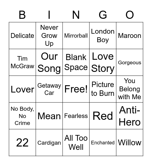 Taylor Swift Bingo Card