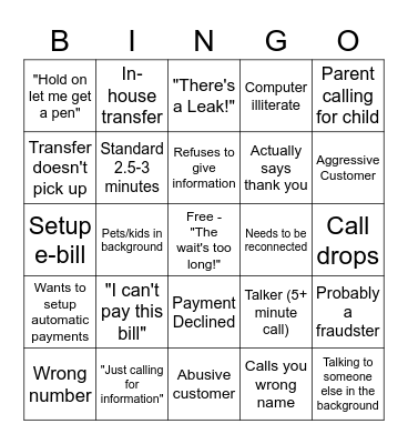 call center bingo Card