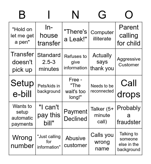 call center bingo Card