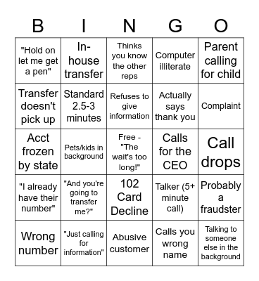 call center bingo Card