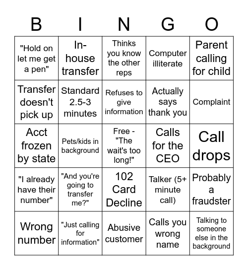 call center bingo Card