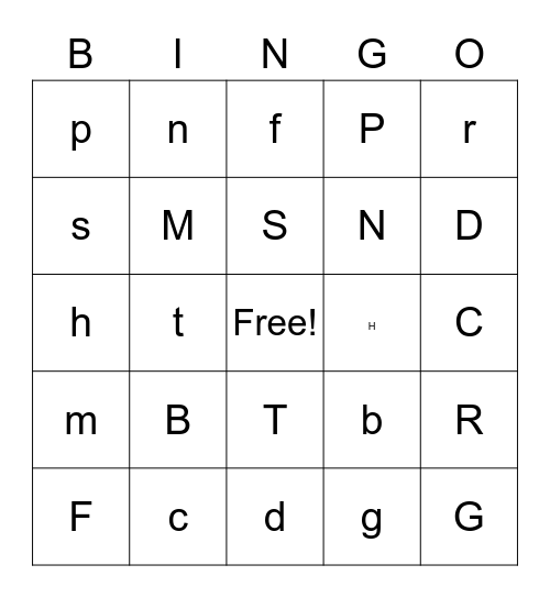 Letters: B, M, S, R, P, N, T, G, C, F, D, H Bingo Card