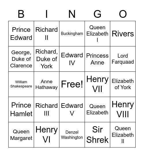 Richard III Bingo Card