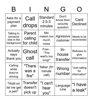 call center bingo Card