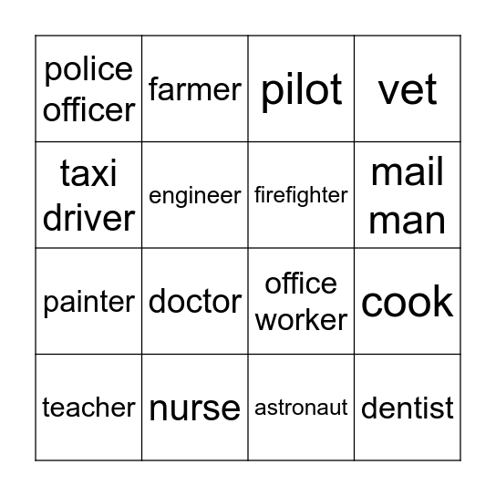 Occupations Bingo Card