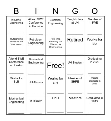 UH Women in Engineering 2023 Bingo Card