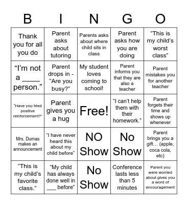 Parent Teacher Conference Bingo Card