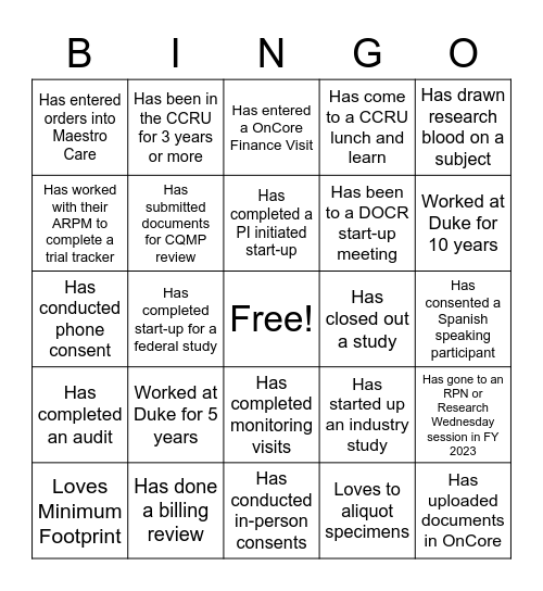 CCRU Mingle Bingo Card