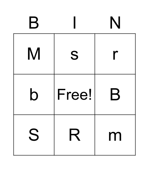 Letters: B, M, S, R Bingo Card