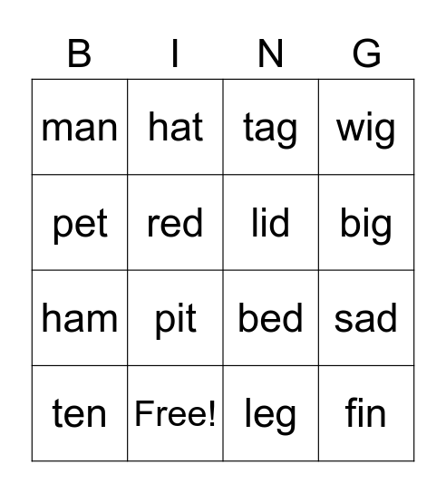 CVC Words Bingo Card