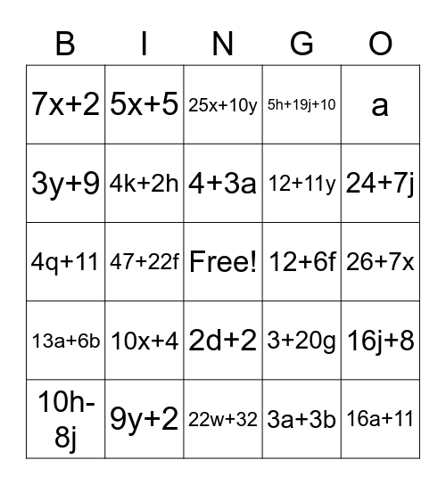 Simplifying Algebraic Expressions Bingo Card