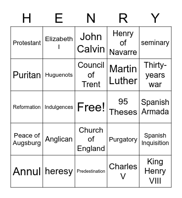 The Reformation Vocabulary Bingo Card