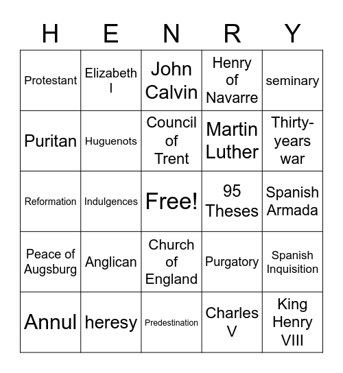 The Reformation Vocabulary Bingo Card