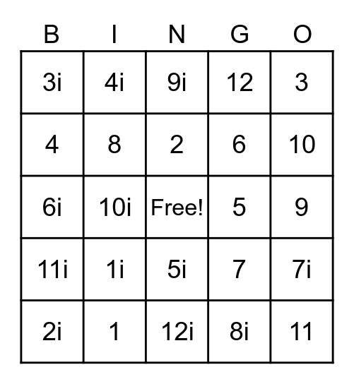 Square Roots, Real and Imaginary Bingo Card