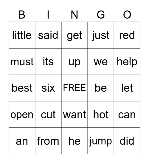 High Frequency Words Bingo Card