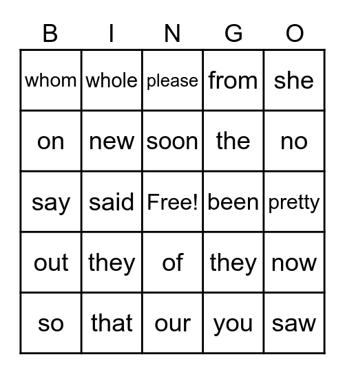 Sight Word BINGO Card
