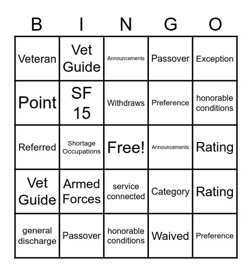 Veterans Hiring Bingo Card