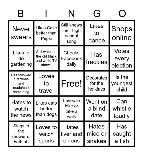 "Getting to Know You" Bingo Card