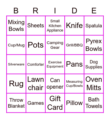Jessica's Bridal Bingo Card