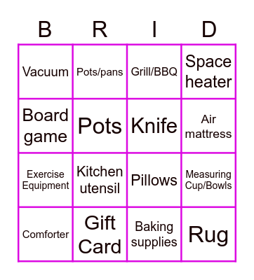 Jessica's Bridal Bingo Card