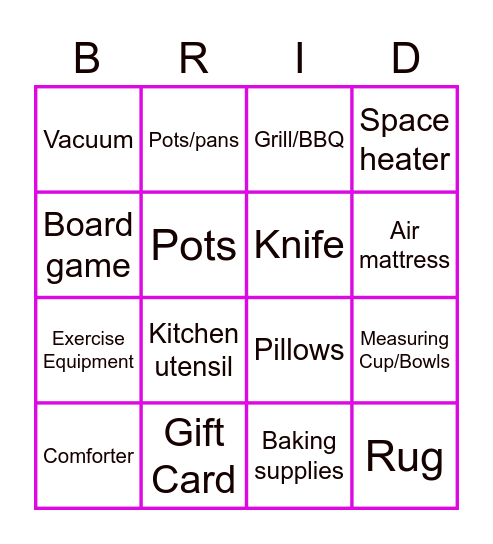 Jessica's Bridal Bingo Card