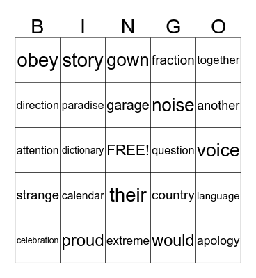 Spelling Bingo Card